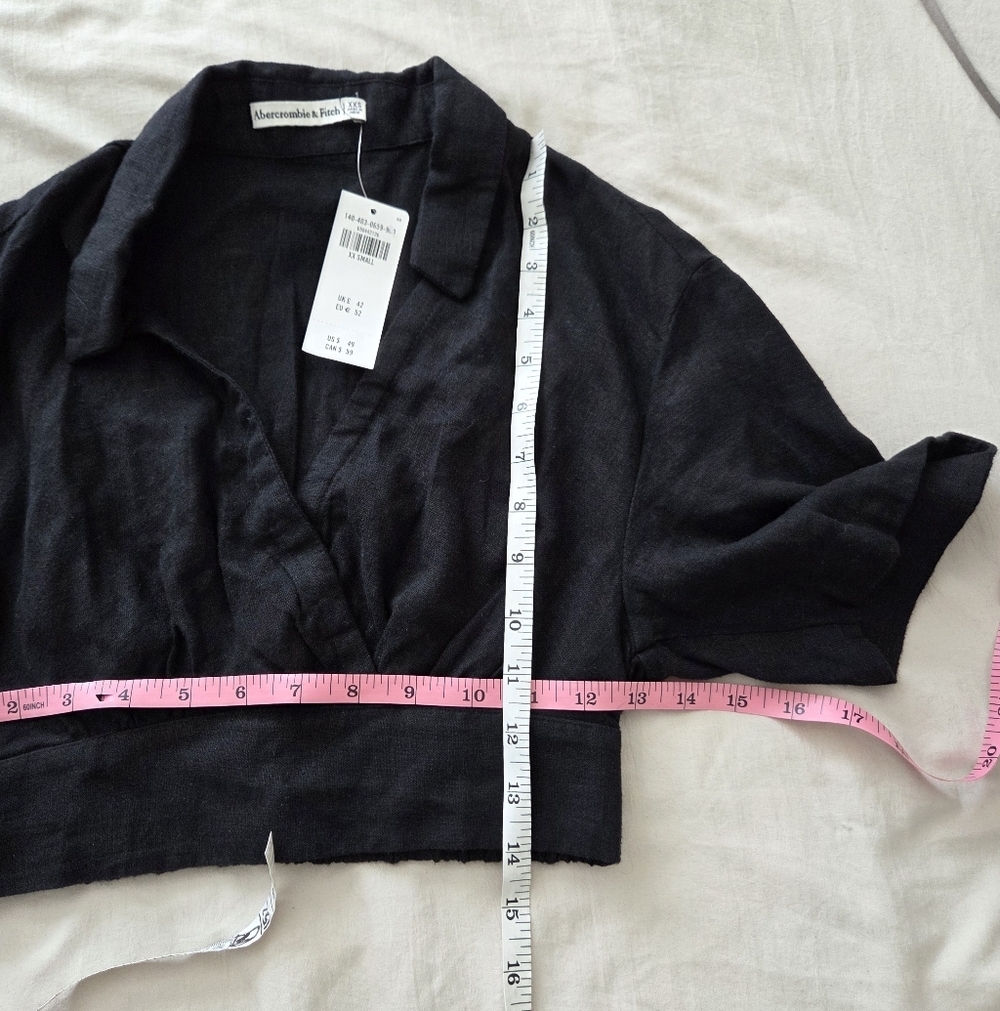 Abercrombie & Fitch Crop Wrap Collared Linen Blend Top in Black Size XXS - Picture 3 of 5